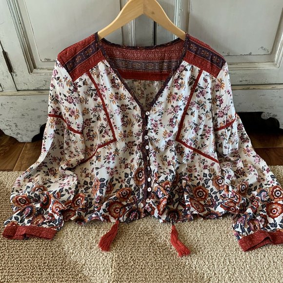 New Boho Vintage Floral Gypsy Tassel Tie Blouse - Picture 2 of 8